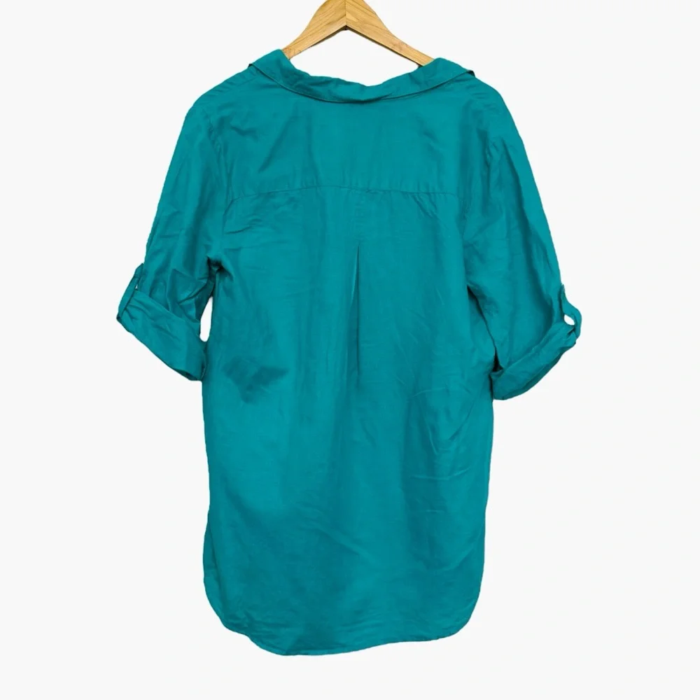 Lucy & Laurel linen Cotton Blend Teal Button-Up Women's Top Coastal Classic Sz M - Picture 2 of 5